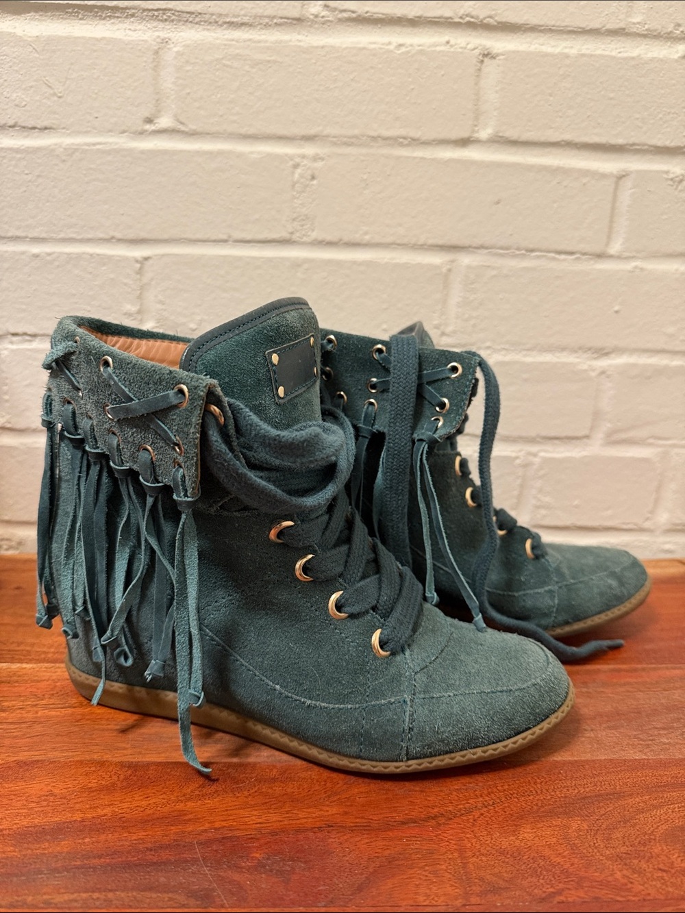 Madison Harding Fringe Suede Lace-Up Wedge Sneakers in green 37